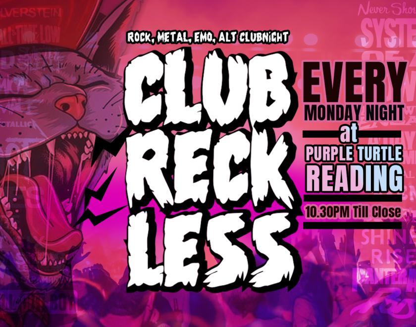 A banner of text reading club reckless in pink colours