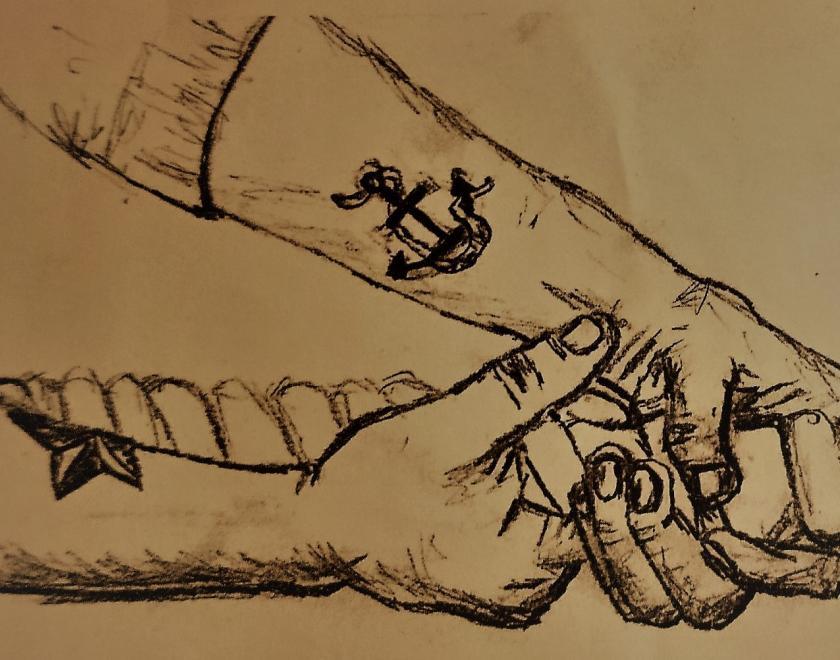 Drawing of two hands and forearms with tattoos hauling on a rope