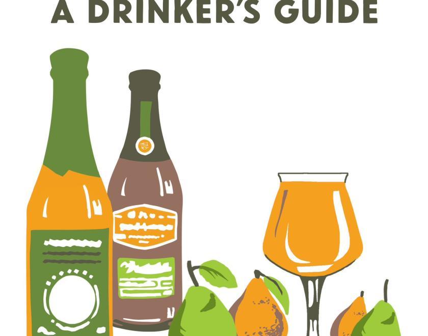 A book cover showing a drawing of a couple of bottles, green and yellow pears and a full teku glass. The Title reads "Perry" written in a matching green with the subtitle "A drinkers guide" below in black. Authors name "Adam Wells" is written in yellow at the bottom of the image