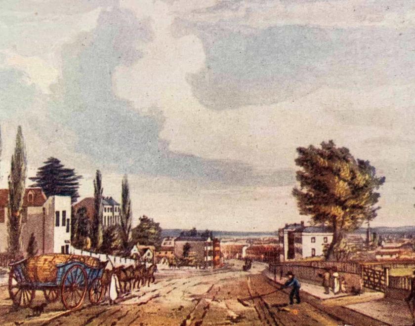 A drawing of Castle Street in Reading in the Georgian period