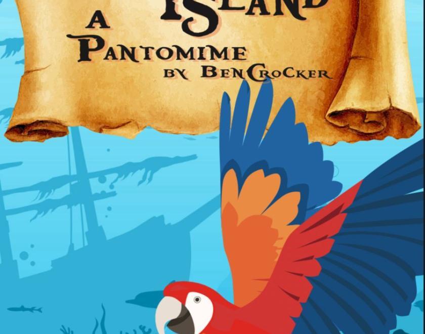 Treasure Island poster with a cartoon parrot against a treasure map logo