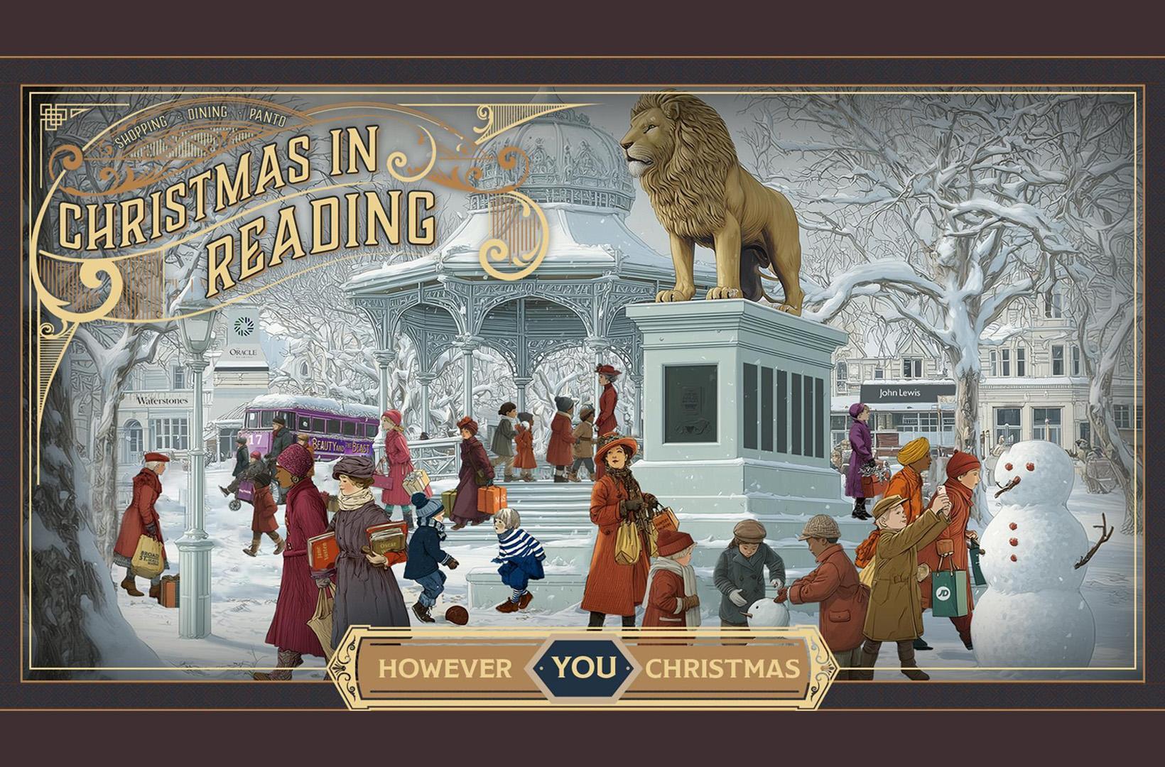 Artwork of a Christmas scene in Reading, with Victorian-style people walking around a snowy Forbury Gardens. The lion and bandstand are visible, as are various shops from Reading town centre. The geography is WAY off.