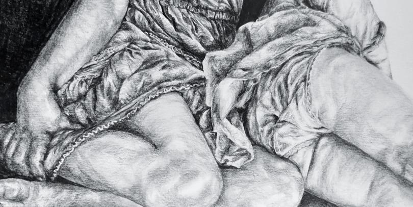 cropped graphite pencil drawing of artists daughters 