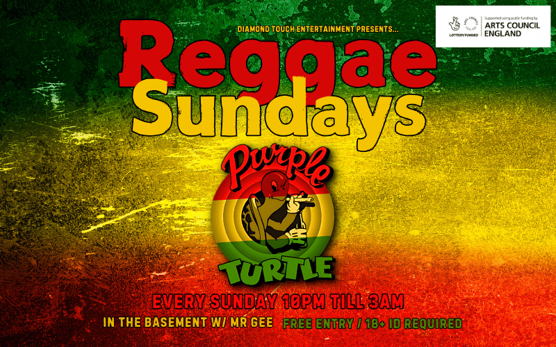 Reggae Sunday logo in front of the Jamaican flag