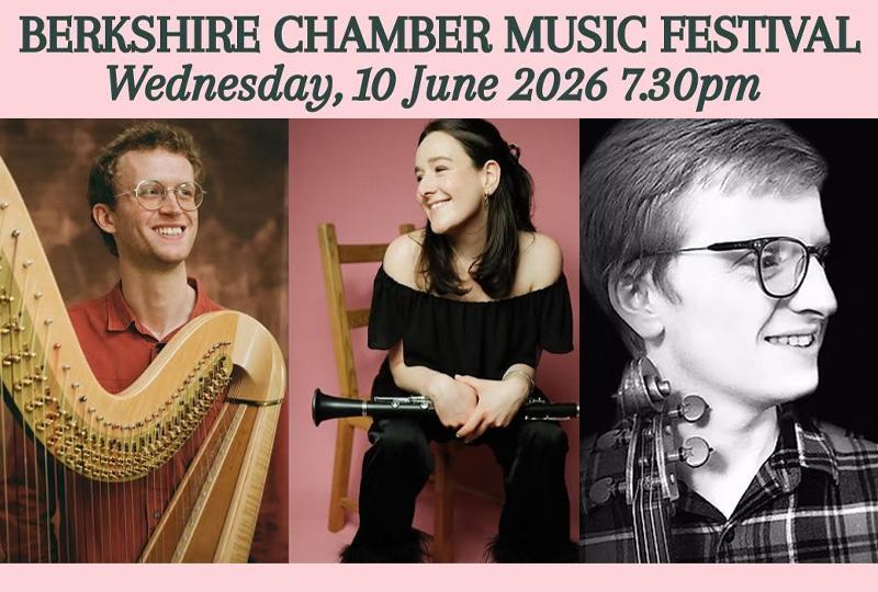Photos of musicians Oliver Wass with a harp, Poppy Beddoe with a clarinet and Ella O’Neill at the piano