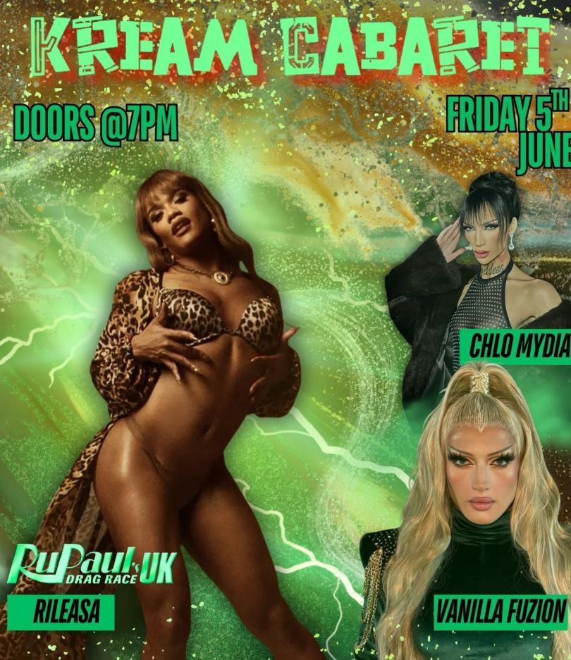 Poster for Kream Cabaret Drag Night with drag queens in sexy outfits