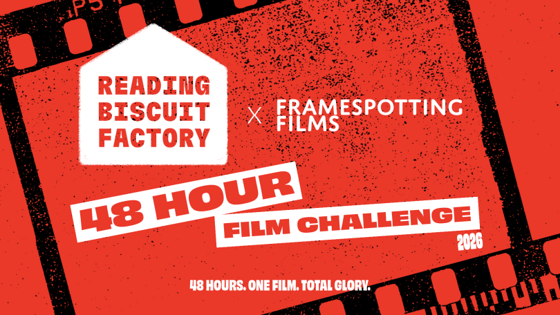 The 48-Hour Film Challenge logo under the Reading Biscuit Factory logo against a red background
