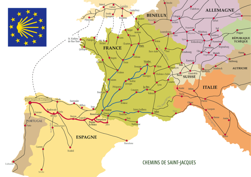 Map showing contemporary routes in Europe to Santiago de Compostela