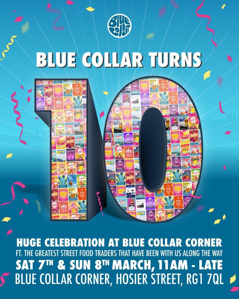 Massive number 10 which is made up of lots of small images of previous Blue Collar event posters