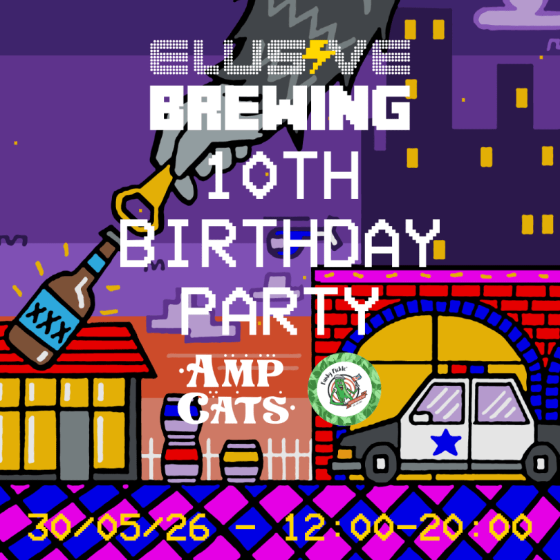 Elusive Brewing 10th Birthday Party graphic in 8-bit style