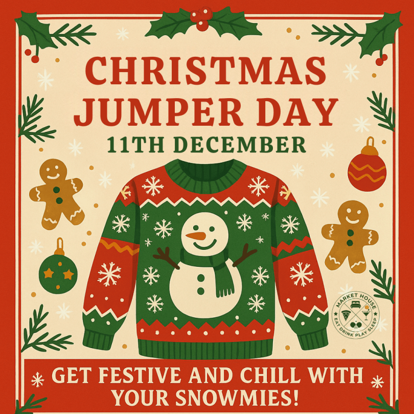Advertisement for Christmas Jumper Day on December 11th, featuring a festive, snowman-themed Christmas jumper.