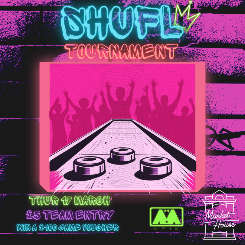 Neon shuffleboard tournament poster with crowd silhouettes; 19th March, £5 entry.