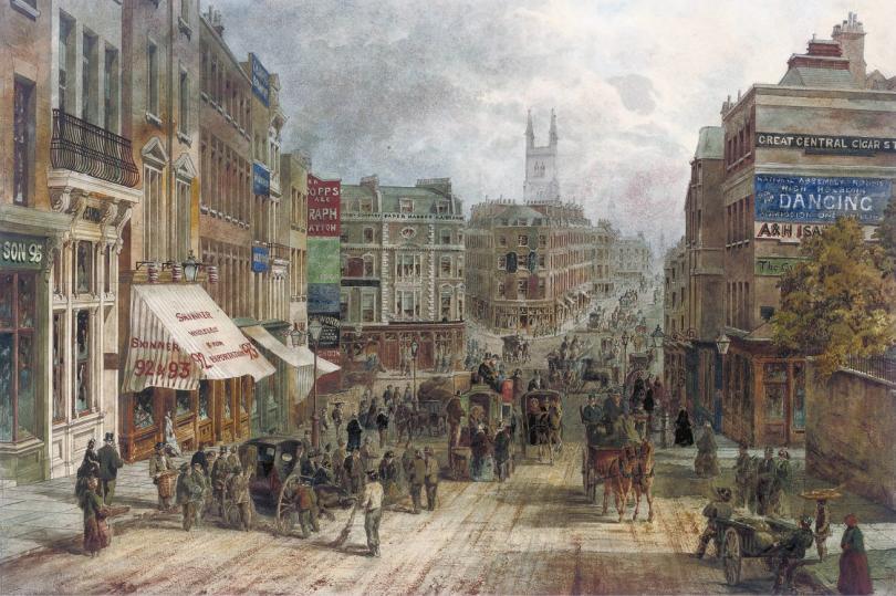 A crowded Holborn street scene in the Victorian period.