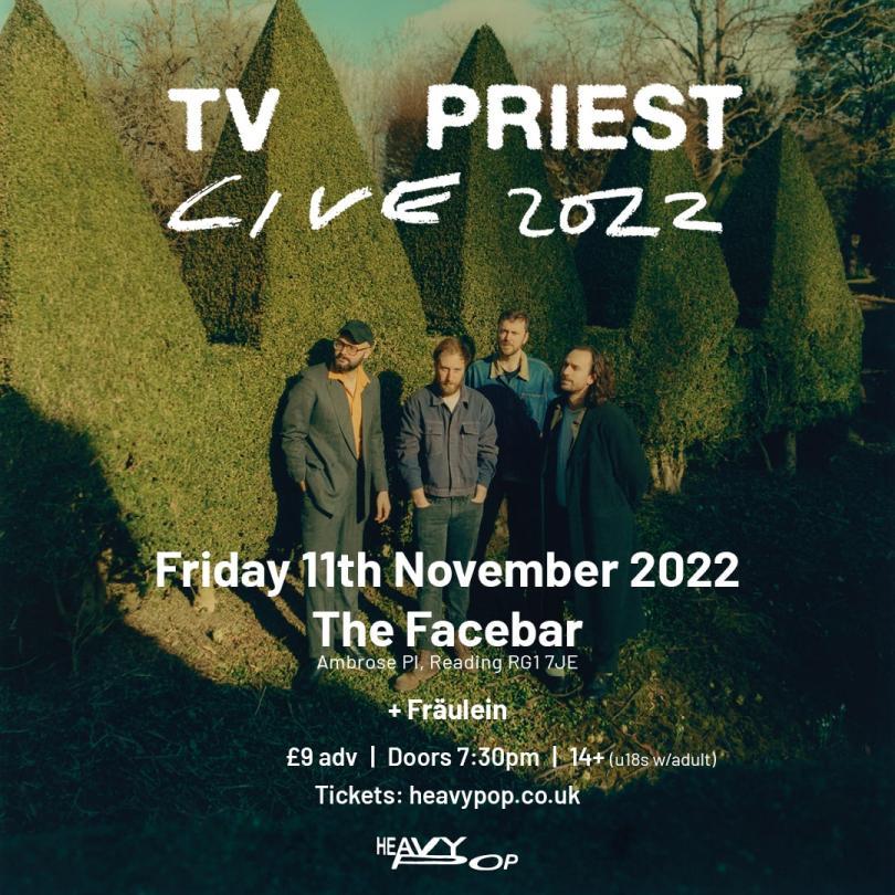 gig poster for band tv priest surrounded by green hedges