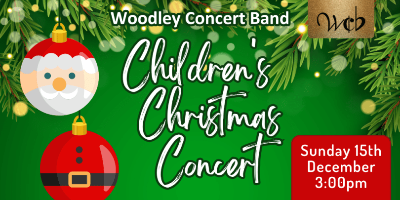 Banner image for WCB Children's Christmas Concert with festive green garland and Father Christmas baubles.