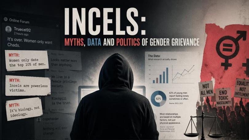 Hooded figure surrounded by charts and diagrams