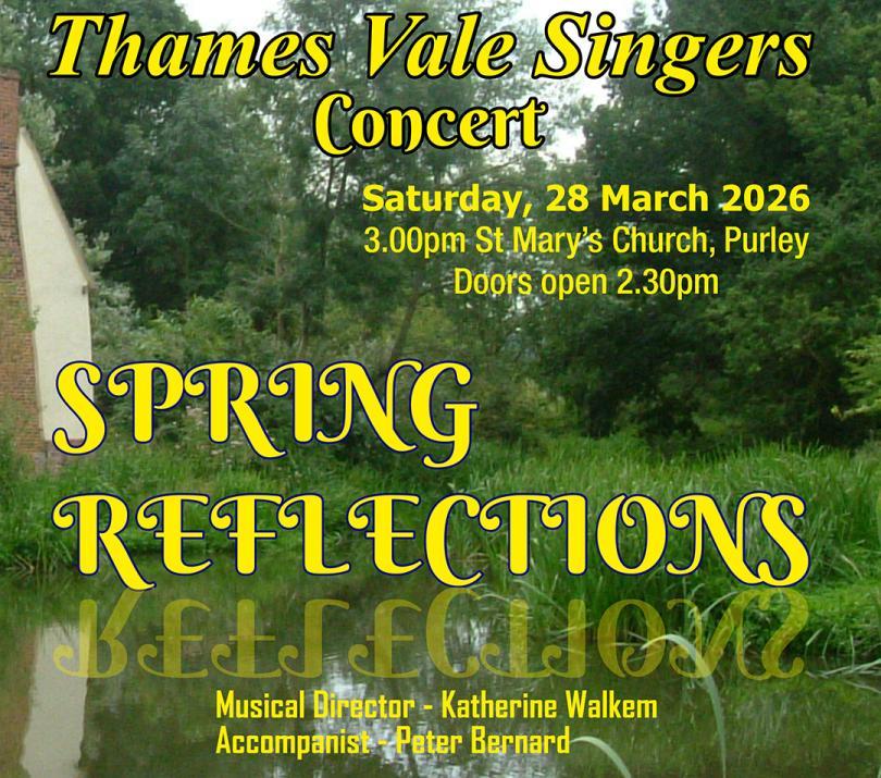 Poster for Spring Reflections event with the title over an image of a river bank, and an effect reflecting the title in the water