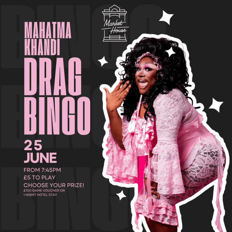 Drag queen in a pink dress, with overly shocked expression