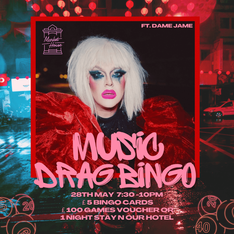 Neon-style poster for ‘Music Drag Bingo’ on 28 May, 7:30–10pm, featuring a drag performer and bold city night background.