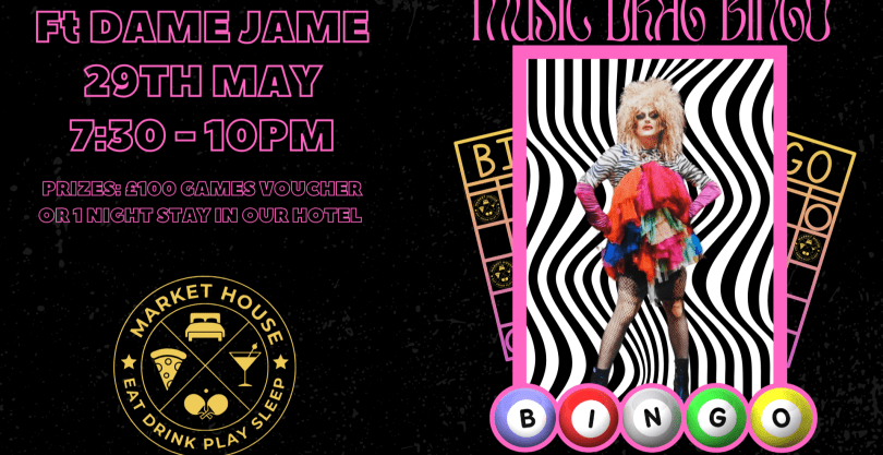 Poster for Music Drag Bingo Ft. Dame Jame with an image of a drag queen in an outrageous costume