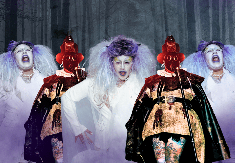 A grey and black background of a spooky forest. Philli Mi Up is dressed as a plague doctor, with a mask, a staff and a cape. Big Jay is pictured wailing, wearing white and lilac colours.