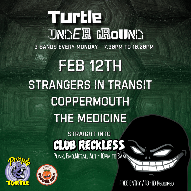 Turtle Underground  3 bands every Monday at The Purple Turtle.  Followed By Club Reckless