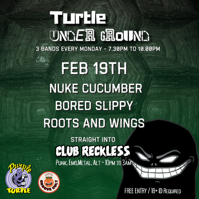 Turtle Underground  3 bands every Monday at The Purple Turtle.  Followed By Club Reckless