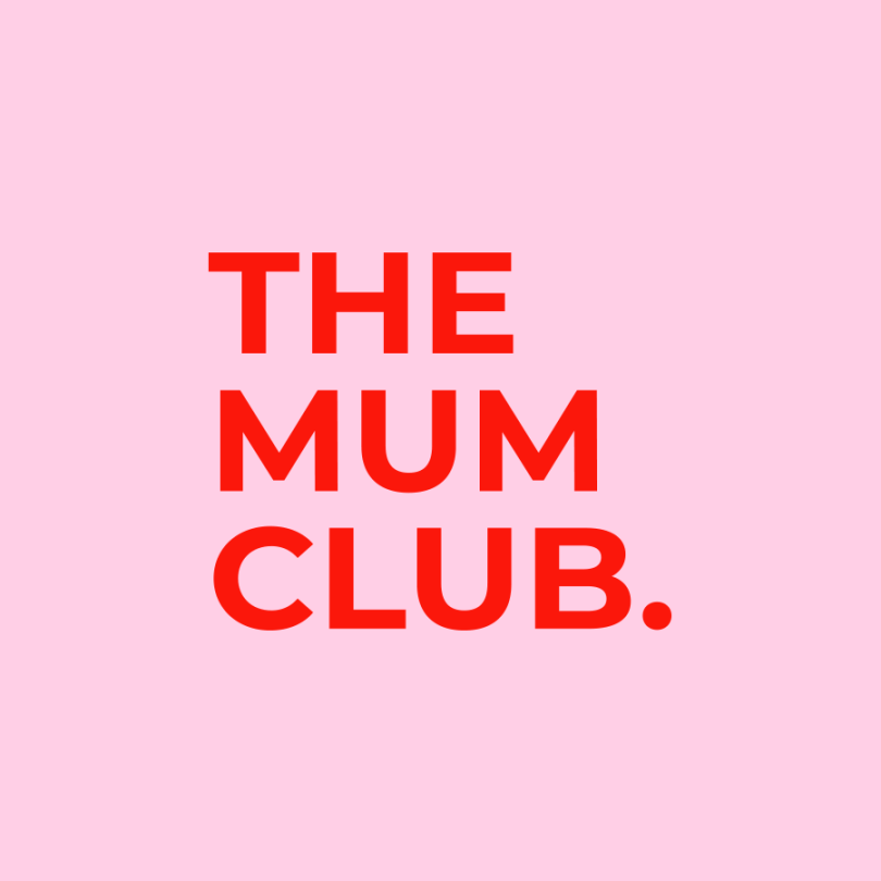"The Mum Club" written in red writing against a pink background