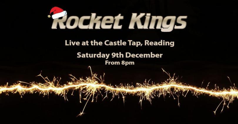 Black Poster with a crackle like a sparkler trail across the bottom. Band name "Rocket Kings" at the top with the R sporting a jauntily angled Santa hat