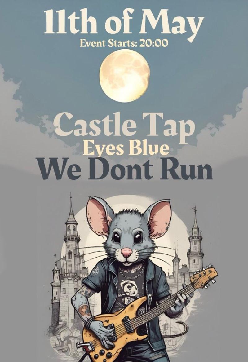 Poster showing a cartoon mouse holding a guitar in front of a guitar on a blue background