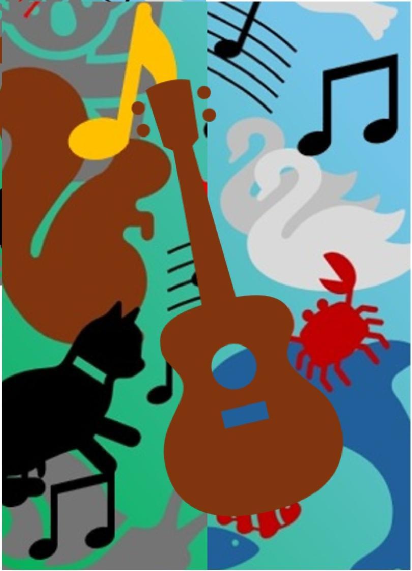 Colourful collage of images of animals (squirrel, dove, dolphin, crab, snail, cat) with musical images of notes and a guitar.