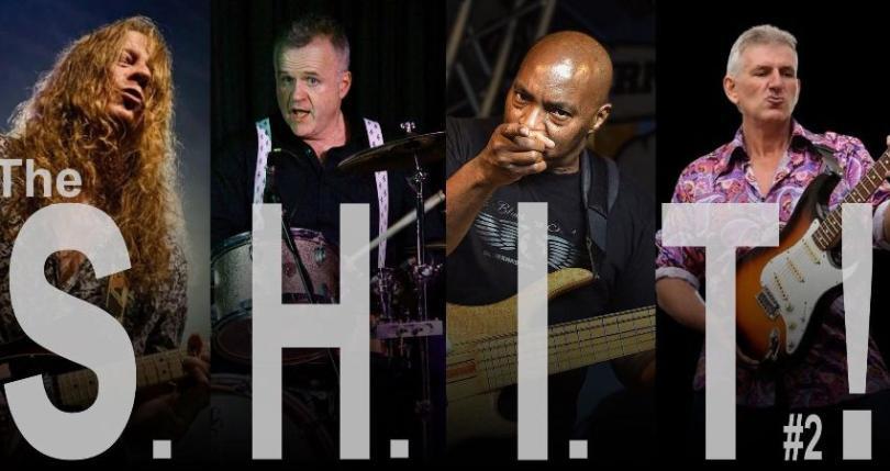 The four members of the S H I T, with the image segmented into four, each with their respective letter over the top