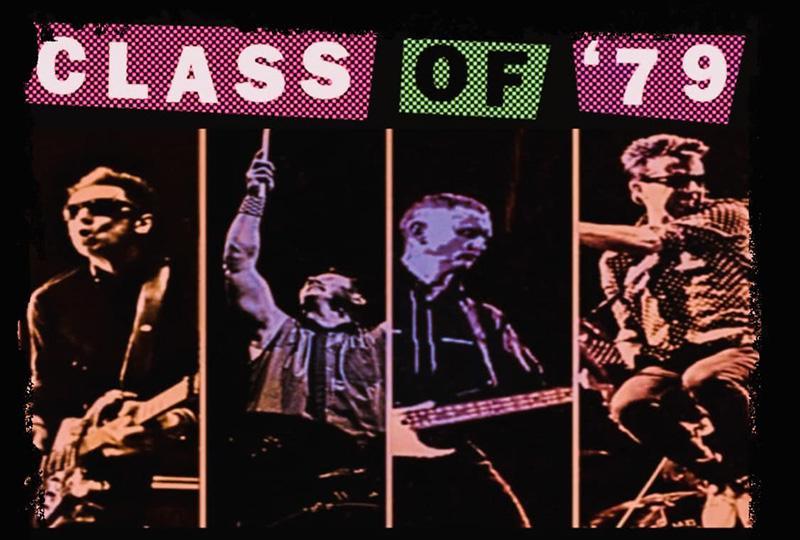 four monochrome photos of the members of the band, under the band's logo
