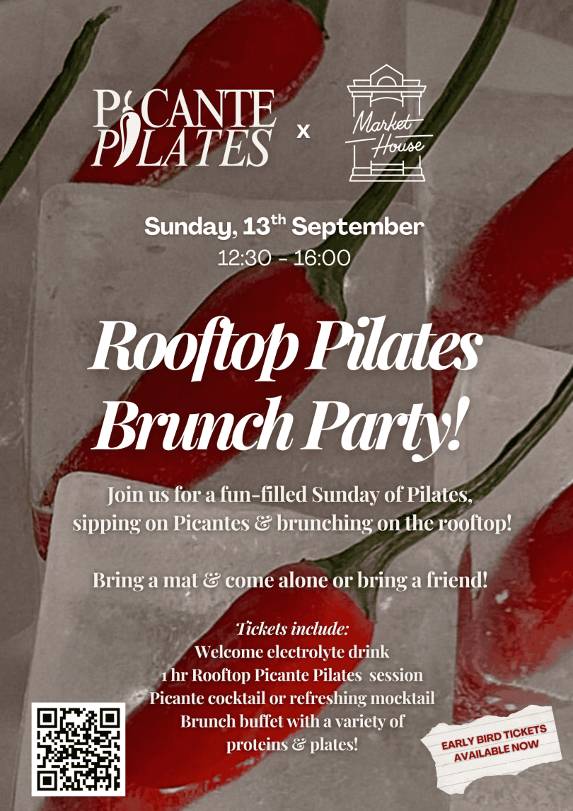 Poster for a “Pilates Rooftop Brunch Party” with chili peppers in ice; Sunday 7th June, 12:30–16:00 at Market House, Reading