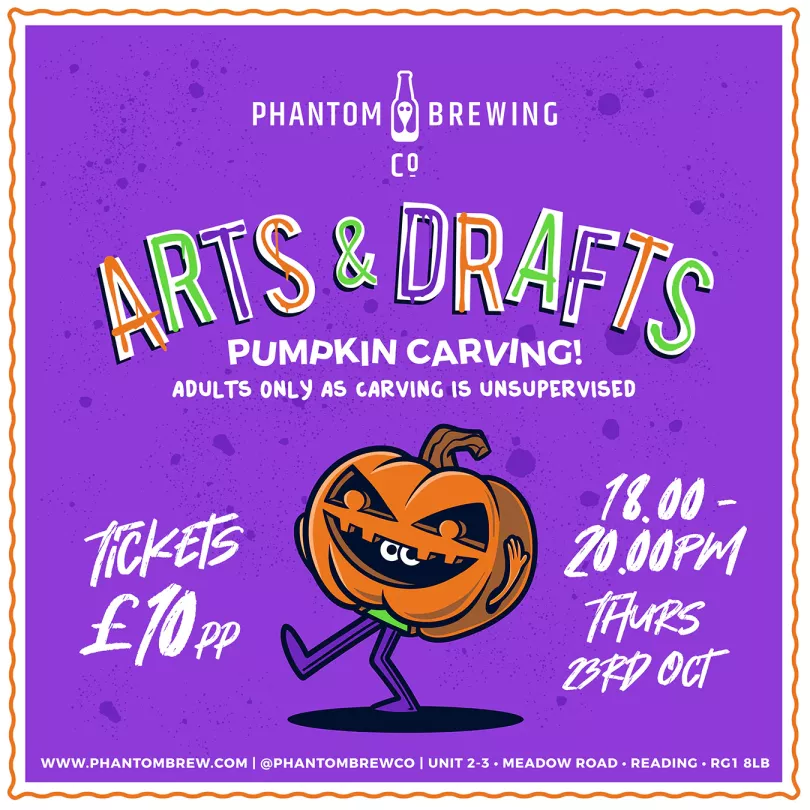 Poster for Arts & Drafts: Pumpkin Carving with a cartoon image of a pumpkin on legs