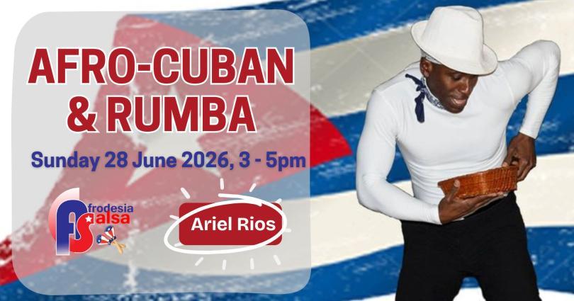 Cuban guy dancing with a cuban flag in the background