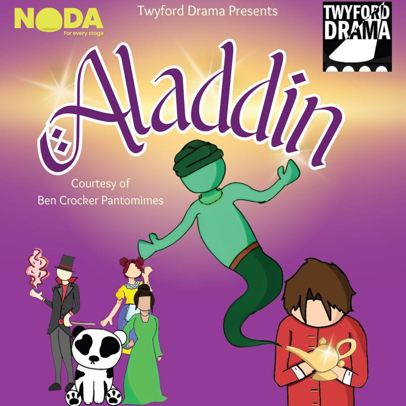 Poster for Aladdin with cartoon images of Aladdin, the genie and various other characters