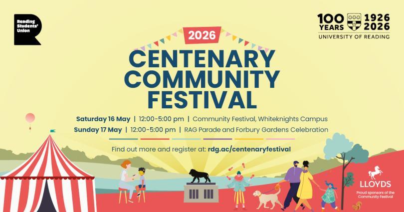 University of Reading Centenery Community Festival 2026 poster with cartoon images of people enjoying the festival