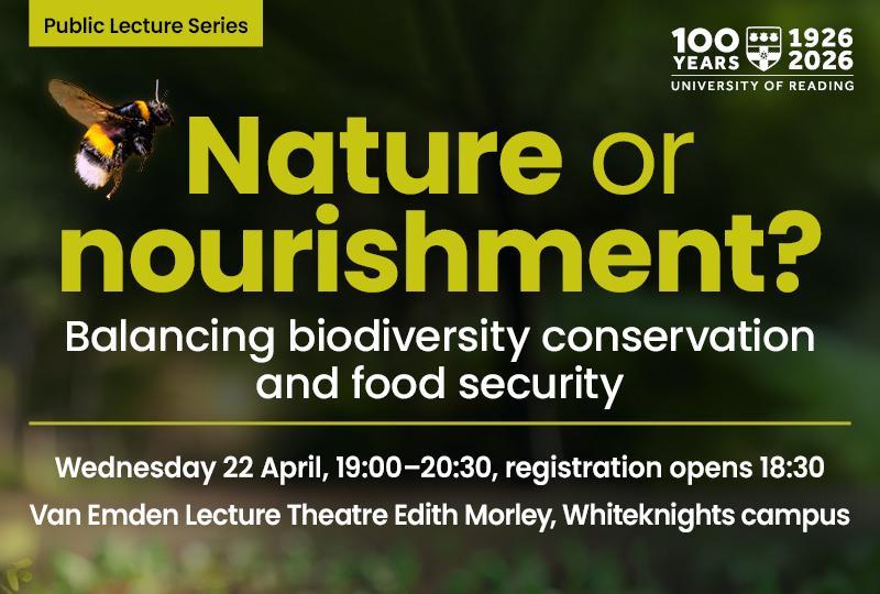 event banner for Nature or Nourishment with an image of a bee in a garden and info about the event