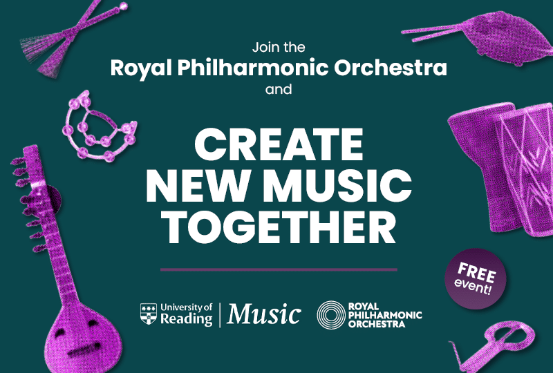 Poster for New Music Workshop with the Royal Philharmonic Orchestra with purple images of instruments over a green background