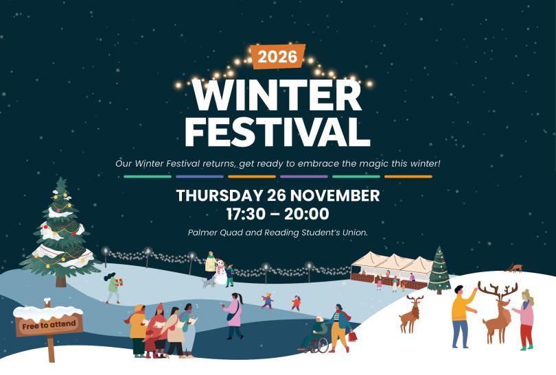 University of Reading Winter Festival artwork, with cartoon people having all manner of fun in a snowy scene