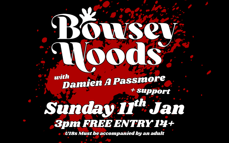 Bowsey Woods sound swings from mellow moods to biting environmental protest songs.  With support from Damien A Passmore  FREE ENTRY 
