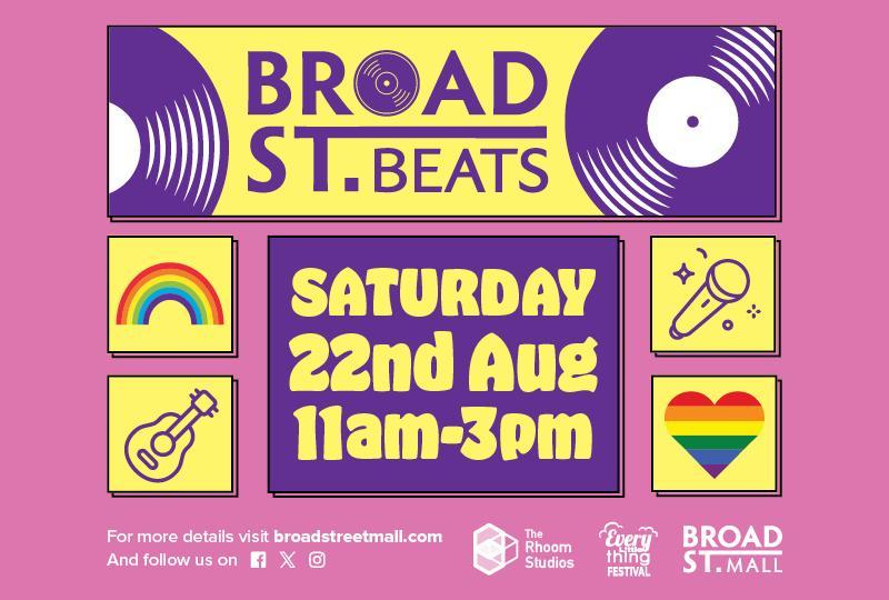 Broad Street Beats banner with multiple icons showing records, headphones, musical instruments and rainbows