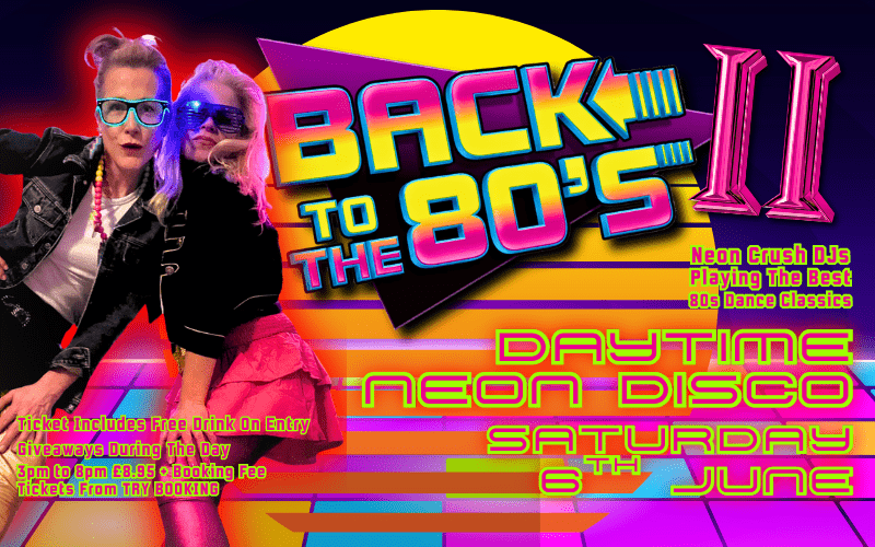 BACK TO THE 80s II - Daytime Disco Linda Crush and Sophie Crush will welcome you from 3pm to 8pm at the Purple Turtle in Reading FIVE hours of non-stop 80s hits Free drink with ticket on entry Giveaways during the day.  Back To The 80s Review 7th March 2026 "A bodacious, neontastic, wham bam, hyper girls, Madonna loving, Tiffany tipping full fat unchilled thirll pill afternoon of ra-ra day glo toons! Loved it and will be bringing a crowd to the next one"  TICKETS £8.95 + BF from Try Booking