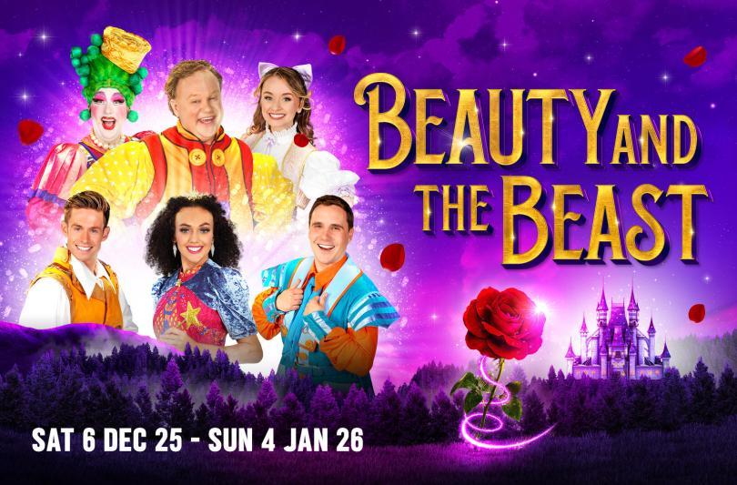 Panto 2025 at The Hexagon - Beauty and the Beast. Justin Fletcher, Paul Morse, Samantha Dorrance