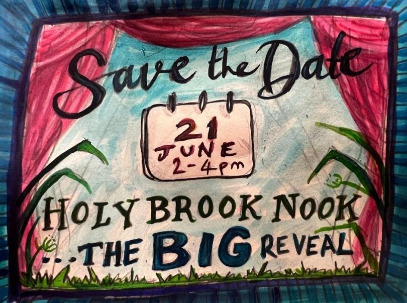  A painted image of red curtains saying Save The Date Holy Brrok Nook Big reveal