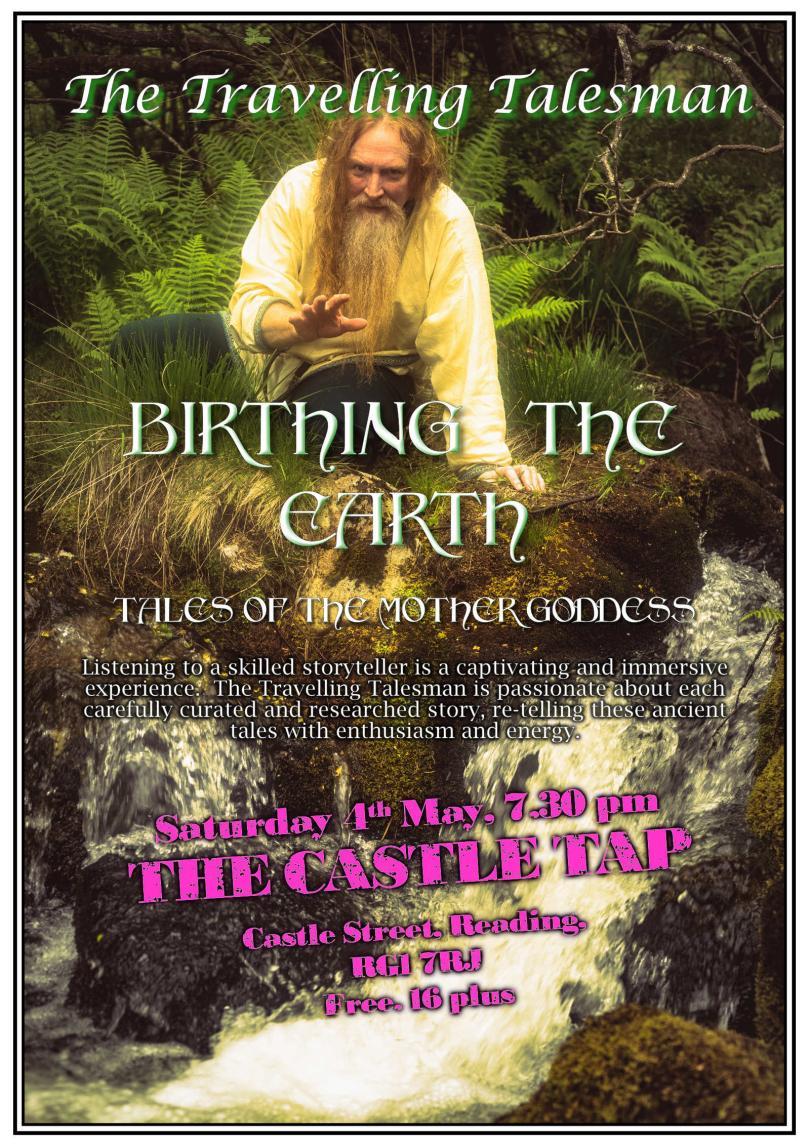 Colour poster showing the long haired, grey bearded storyteller kneeling in a clump of ferns at the side of a rushing stream
