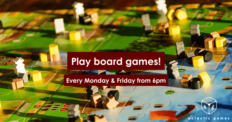 board game background with text 'play board games every monday and friday