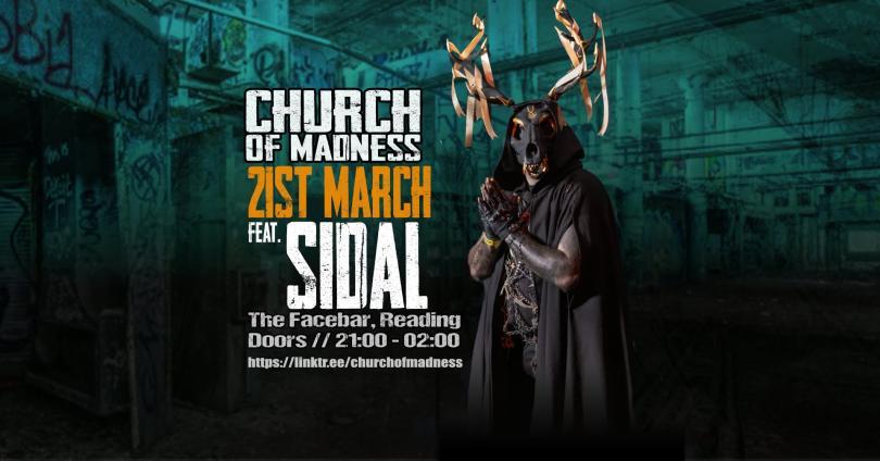Poster with a photo of DJ SIDAL wearing a mask designed to look like an animal skull with antlers