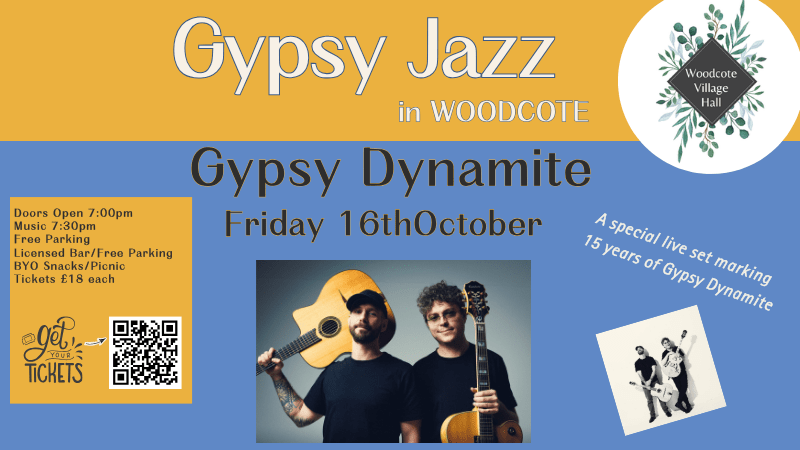 Event poster with a photo of two men holding classical guitars in a casual manner